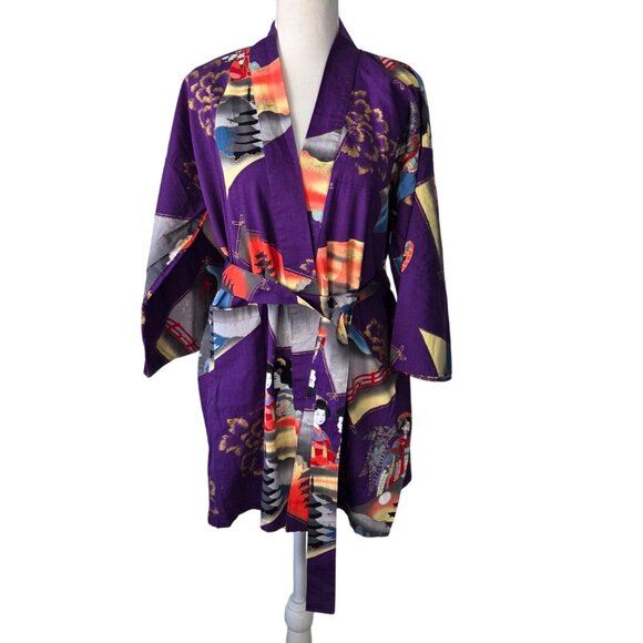 Juguemm Other - Japanese Kimono Robe Raw Silk Geisha Landscape Print Purple Open Front Belt Vtg